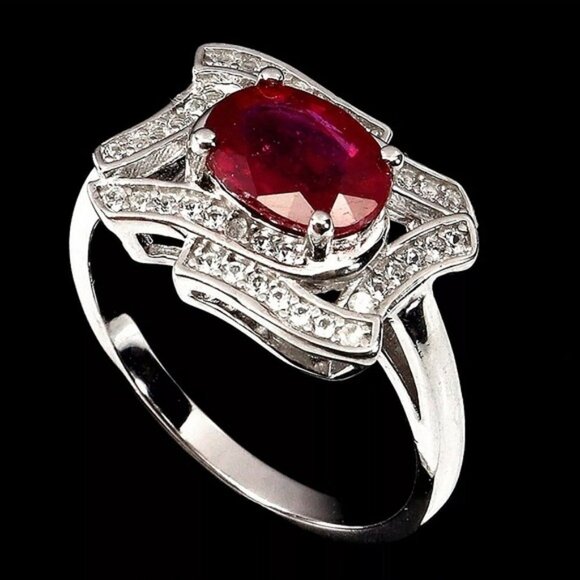 925 Sterling Silver Ring Sz 6.75 with Natural Ruby 8x6mm & White Topaz - Picture 2 of 3